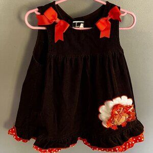 Thanksgiving Turkey Dress Baby Girl Dress ?Vintage Size 2T Bows Brown & Orange